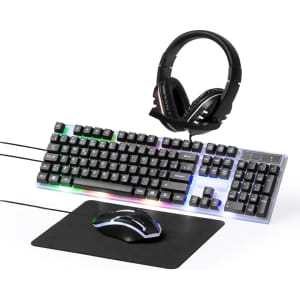 A gaming keyboard with RGB lighting, a black gaming mouse, a black headset, and a mouse pad.