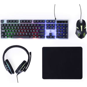 A gaming keyboard with RGB lighting, a gaming mouse, a black mouse pad, and black gaming headphones.