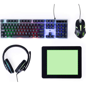 A black gaming keyboard with RGB lighting, a gaming mouse, headphones, and a graphics tablet, all featuring green accents.