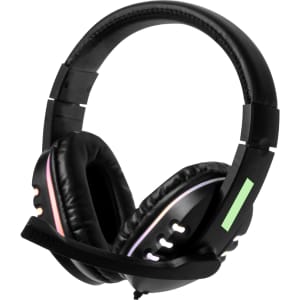 A black gaming headset with colourful lighting accents and a flexible microphone. It features padded ear cups for comfort.