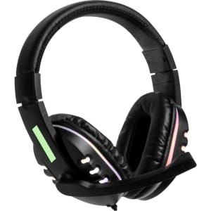 A black headset with RGB lighting accents and a flexible microphone. It features padded ear cups for comfort.