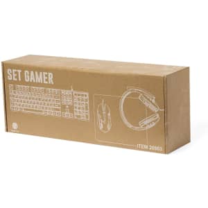 A cardboard box containing a gaming keyboard, headset, and mouse, featuring a simple design and a logo.