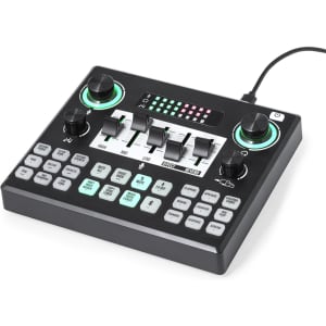 A black audio mixer featuring multiple knobs, buttons, and a light display, with a cable connected.