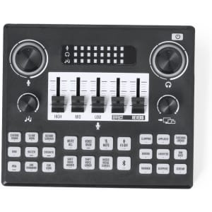 A black audio mixer featuring multiple sliders, buttons, and a display panel. It includes a logo on the surface.