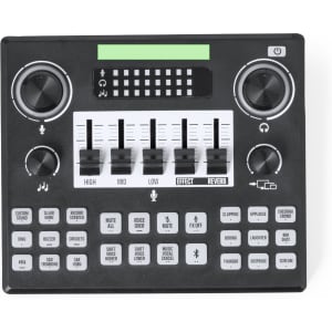 A black audio mixer with various sliders, knobs, and buttons, featuring a display and branding.