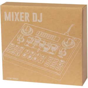 A brown box featuring a simple illustration of a DJ mixer, with knobs and buttons visible. The box has a logo.