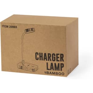 A brown cardboard box featuring a charger lamp illustration and branding, with a flexible neck and a base design.