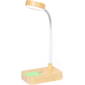 A bamboo and white wireless charger lamp with a flexible neck and a green charging surface.