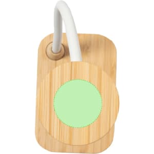 A bamboo wireless charger lamp featuring a circular green charging pad and a flexible white cable.
