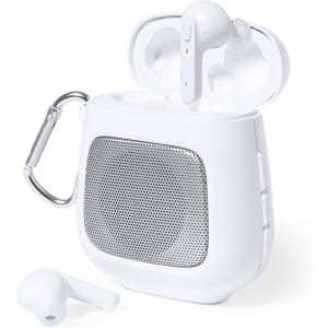 White Boxy Speakers Earphones with a carrying case, featuring a speaker mesh and a carabiner for attachment.