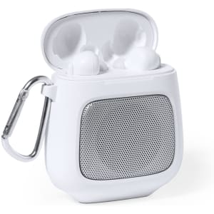 A white Bluetooth speaker with earphones inside a case, featuring a carabiner and a silver speaker grille.