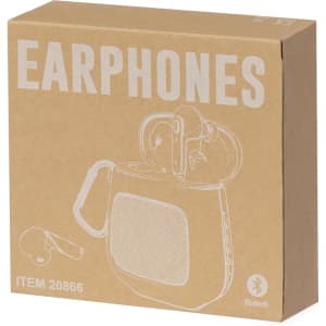 A brown cardboard box containing Bluetooth earphones, with a minimalist design and white outlines of the earphones.