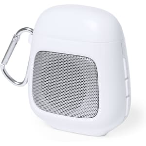A compact white speaker with a silver mesh front and a carabiner clip on the side.