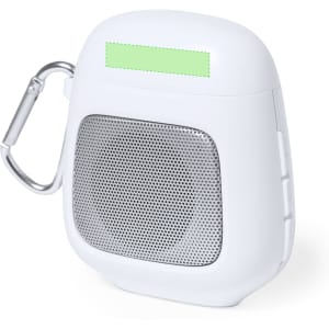 A white Boxy Speakers Earphone with a textured speaker grille and a carabiner clip attached.