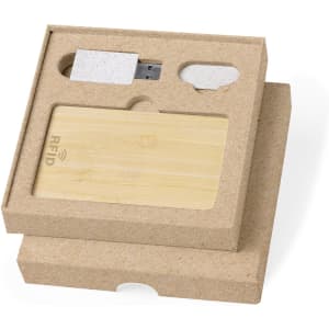 A bamboo RFID card and USB in a kraft packaging set. The set features a simple, eco-friendly design.
