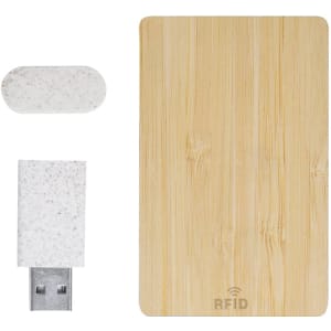 A bamboo RFID card and a white speckled USB drive are displayed together. Both items feature natural textures.