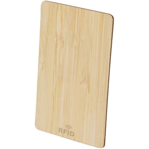 A bamboo RFID card protector with a smooth finish and rounded edges. It features a subtle logo on the bottom.