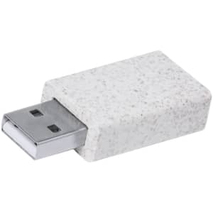 A grey and white speckled USB flash drive with a silver connector, featuring a logo on one side.