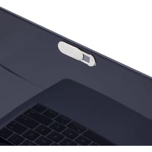 A silver privacy slider on a dark laptop, providing a sleek design and including a branding logo.