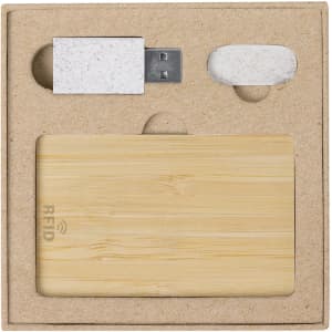 A bamboo RFID card and white USB drive in a brown cardboard packaging. The set is eco-friendly and includes custom branding.