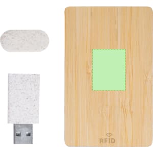 A bamboo card with an RFID blocking feature, accompanied by a textured USB drive in a light colour.