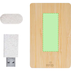 A bamboo card with an RFID feature and a matching USB drive, both in neutral tones. The card has a logo.