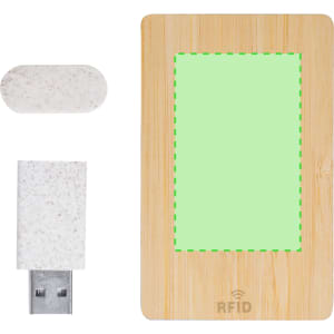 A bamboo phone safety set featuring a green RFID card, a white USB drive, and a white RFID tag.