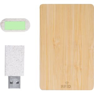 A bamboo RFID card and a USB device, both featuring a natural colour and a logo.