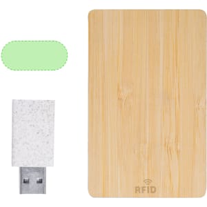 A bamboo RFID card holder in natural colour with a white USB connector nearby, featuring a logo.