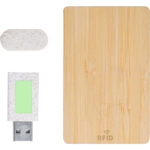 A bamboo RFID blocking card, a grey USB drive, and a small grey tab are neatly arranged.