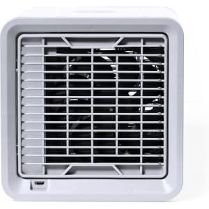 A compact, square mini air conditioner in white with a grille front and visible internal fan. Features a logo on the side.