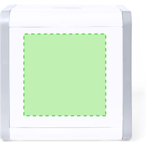 A compact white air conditioner with a grey trim, featuring a blank green panel on the front. It has a logo on it.