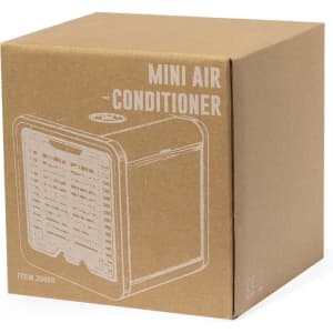 A brown cardboard box containing a mini air conditioner, with a simple design and a logo on the front.