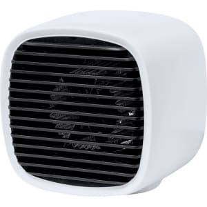 A compact white mini heater with a black front grille and a simple square design. It features a small fan inside.