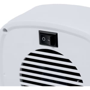 A white mini heater with a grid design and a power switch on the side. It has a compact and sleek look.