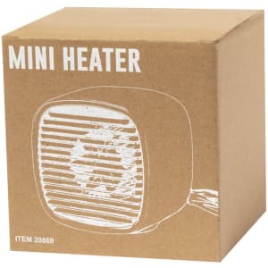 A brown cardboard box featuring a white illustration of a mini heater. The box has a small power cord visible.