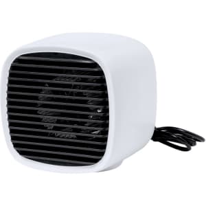 A compact white mini heater features a black front grille and a power cord, suitable for personal use.