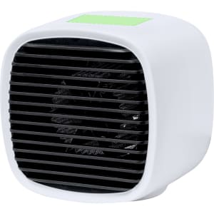 A compact, white mini heater with a black front grille and a small green square on top. It features a simple design and a logo.