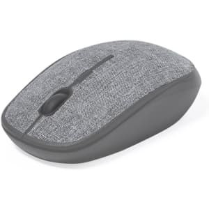 A grey computer mouse with a textured fabric top and a smooth base, featuring a logo on the side.