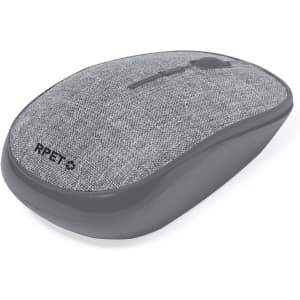 A grey computer mouse with a textured top and a smooth base. It features a logo on the surface.