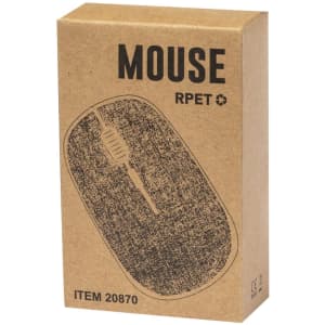 A packaged mouse in eco-friendly cardboard featuring an illustration of the product. The box includes a logo.
