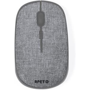 A computer mouse with a grey fabric texture and a black base, featuring a logo on the bottom.