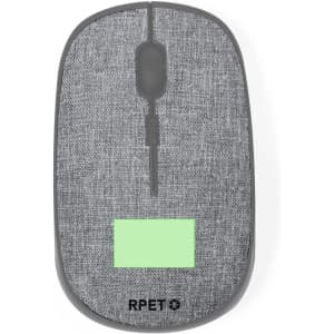 A grey mouse with a textured fabric finish, featuring a green area and a logo on the bottom.