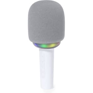 A grey microphone with a soft top and a white base, featuring a multicoloured light ring.