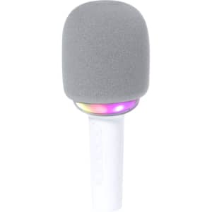 A grey microphone with a soft touch surface and a white handle, featuring a colourful light band.