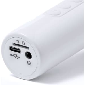 A white speaker microphone with ports for USB, TF card, and audio connection, featuring control buttons on the side.