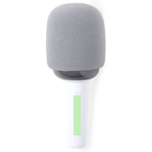 A grey microphone with a foam head and a white handle, featuring a logo on the base.
