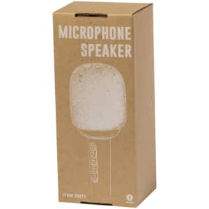 A microphone speaker packaged in a brown box featuring a white design. The speaker has a rounded top and control buttons.