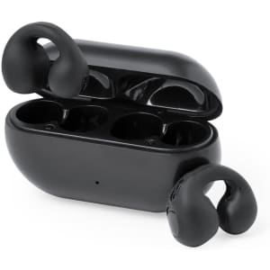 A pair of black earphones with a charging case, featuring a sleek and modern design. The case has a logo.