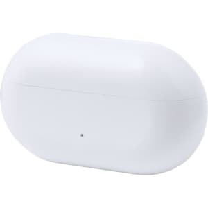 A white earphones case with a sleek oval design, featuring a small indicator light.
